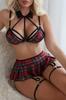 Bella Notte 4 Pieces Plaid Cosplay Skirt, Bra, Leg Brace and Thong Set
