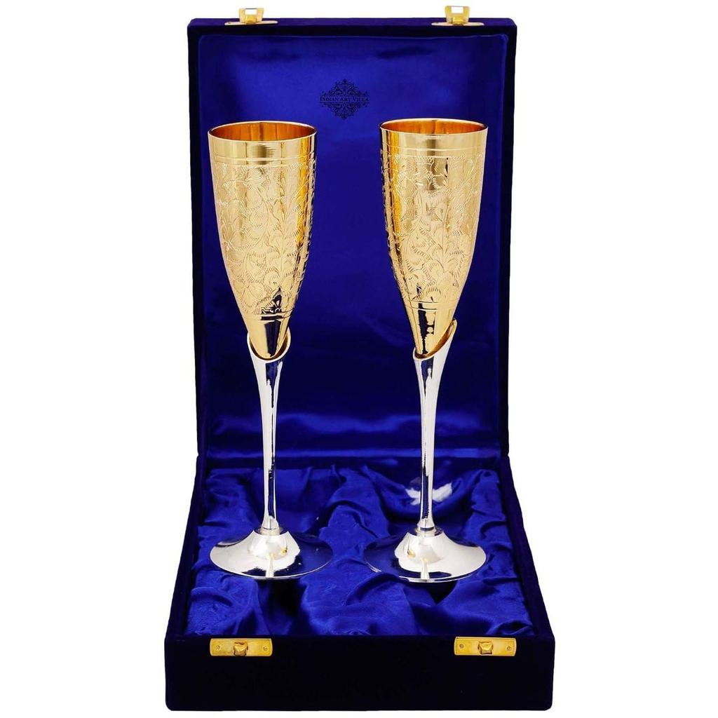 Набор из 2 посеребренных бокалов для шампанского из латуни с золотой полировкой и в синей коробке, лучший для вечеринок, вместимость - 200 мл