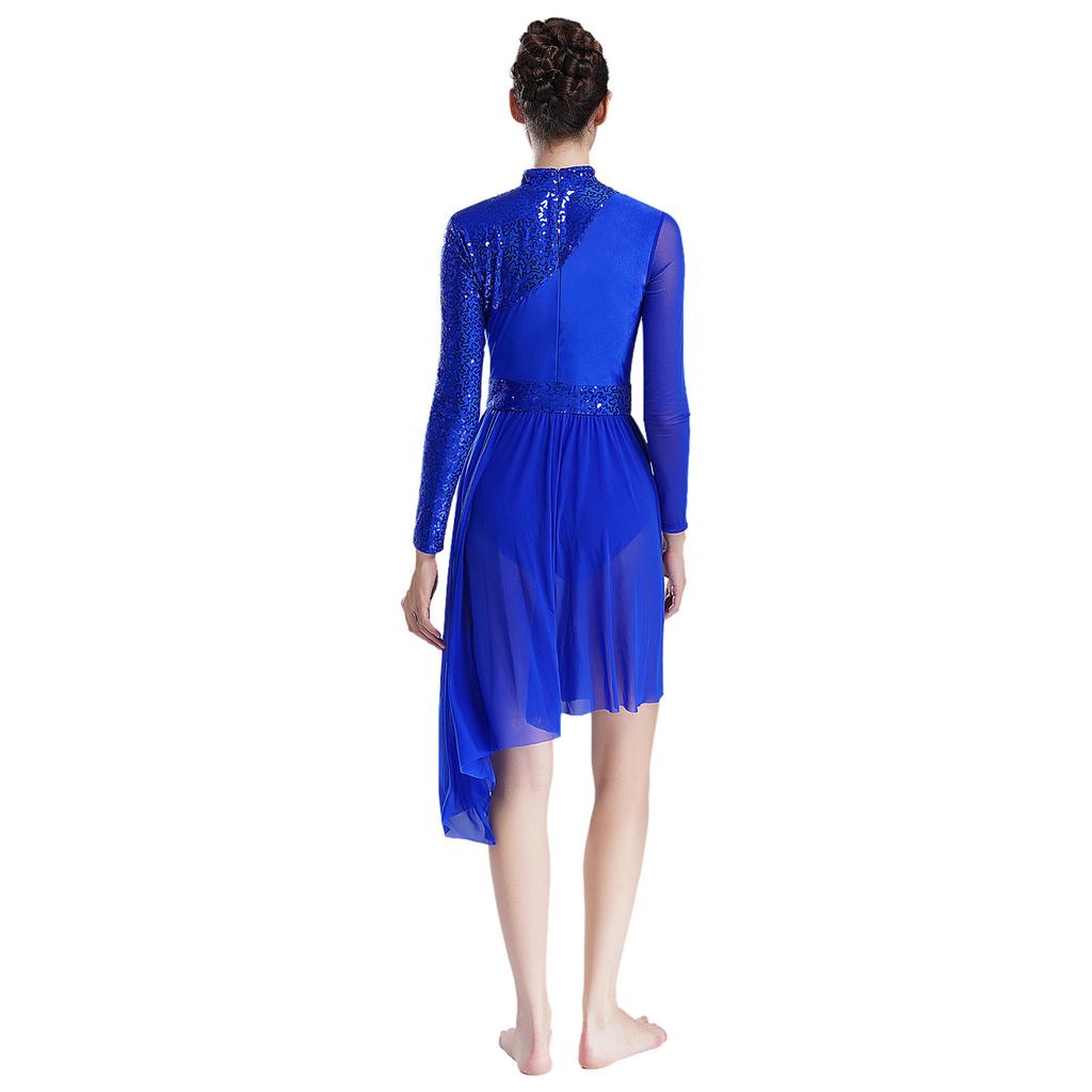 Women Sparkly Sequins Modern Lyrical Dance Dress Long Sleeve Irregular Hem Dresses Performance Costume