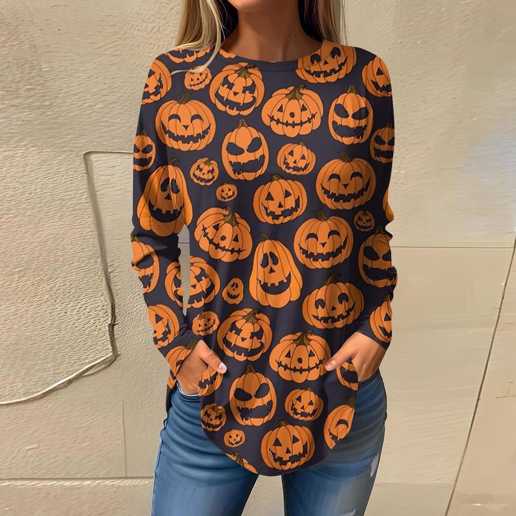 Женская свободная футболка с длинным рукавом с круглым вырезом и принтом, верхний пуловер