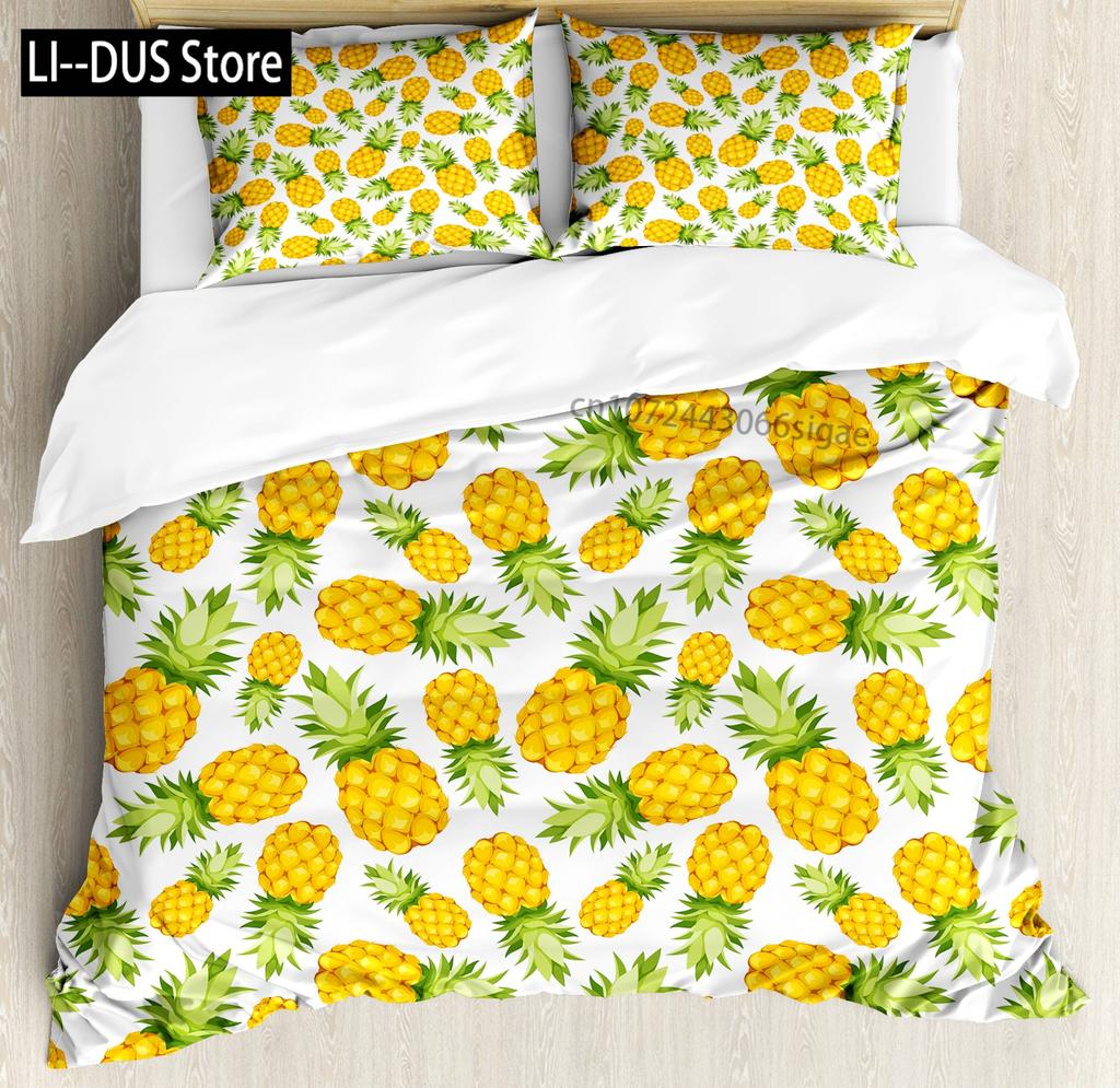 Pineapple Duvet Cover Set Tropical Theme Vintage Style Fruit Pattern Decor 3 Piece Bedding Set with 2 Pillow Shams Full Size