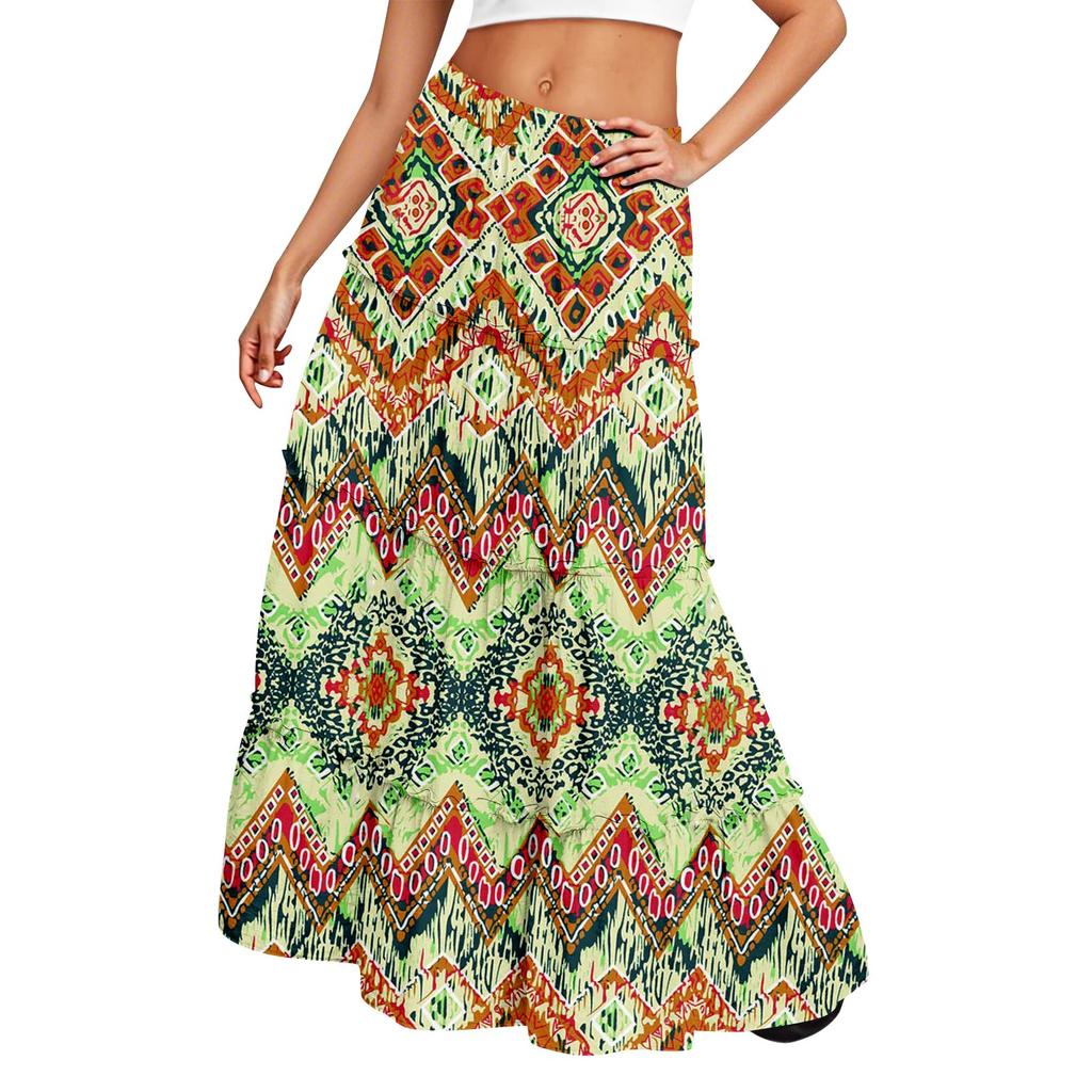 Women's Printed Elastic Waist Loose Hem Long Skirt