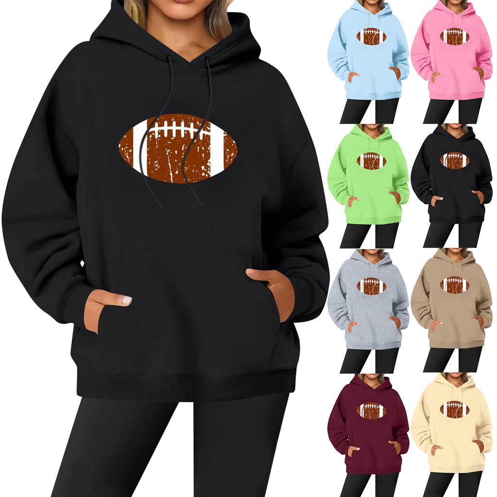 Women's Casual Fashion Solid Color Rugby Print Long Sleeve Hooded Sweatshirt Top