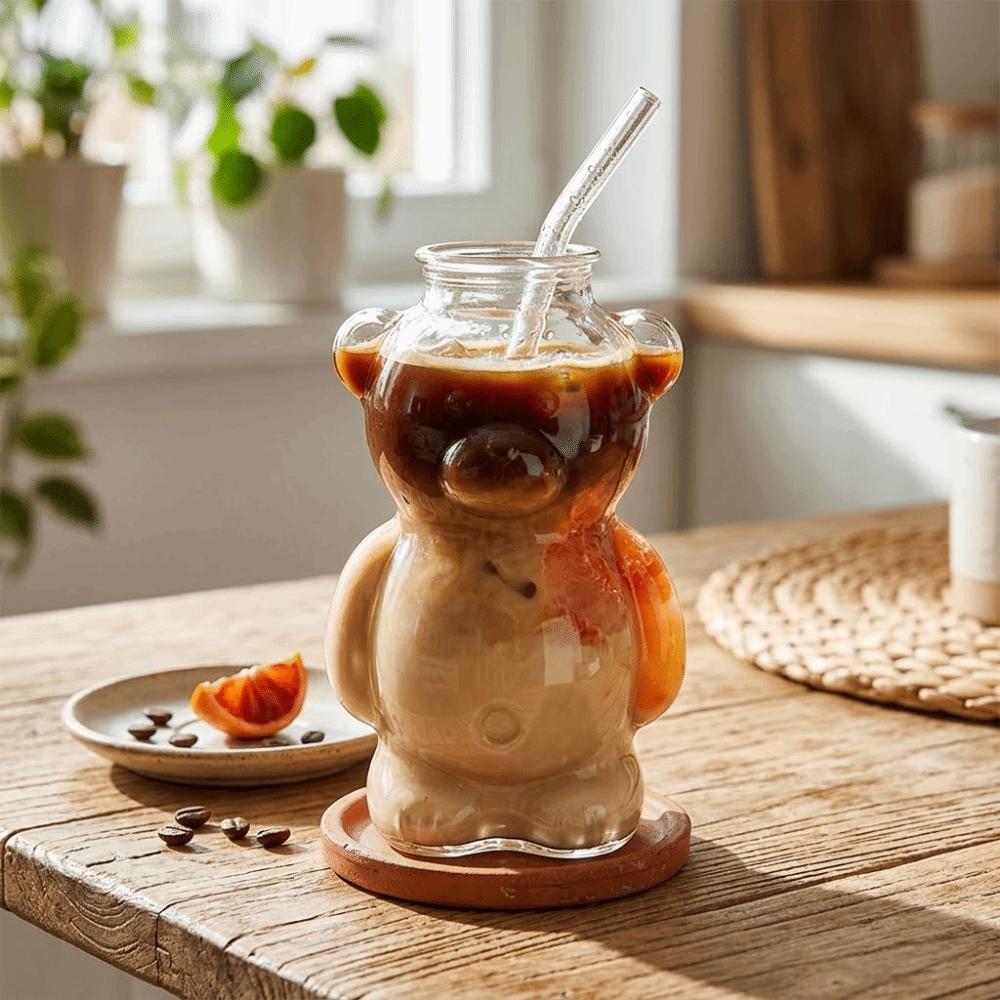 Transparent Bear Coffee Mug 320ML Milk Tea Straw Cup Multi-purpose Clear Bear Glassware Milk