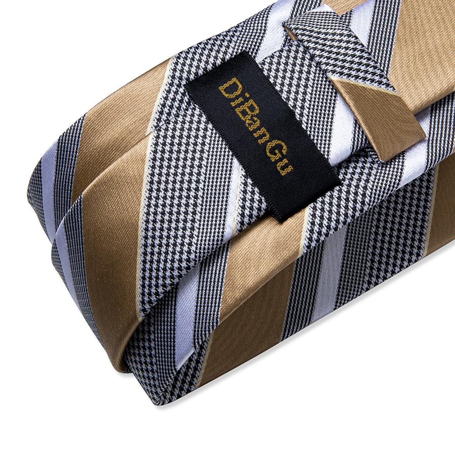 Mens Silk Tie Set Gold Tie Ring Striped Necktie Hanky Cufflinks for Business Party Dibangu