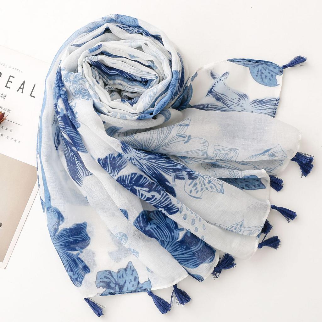 Маленький свежий китайский стиль ретро синий и белый фарфоровый хлопковый лен шарф на ощупь Балийский шелковый шарф с синей тушью Цветочная женщина