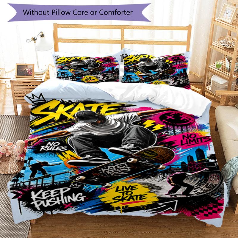 3pcs skateboard Bedding Set Duvet Cover Closure Includes 1 Duvet Cover & 2 Pillowcases, Soft and Comfortable for All Seasons.