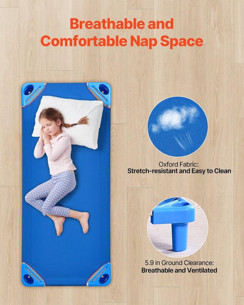 Stackable Kiddie Cot 52" x 23" Daycare Nap Cots for Kids Blue (Pack of 4)
