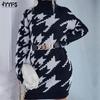 Women's Fashion Casual Houndstooth Print Autumn Winter Long Sleeve High Neck Loose Sweaters