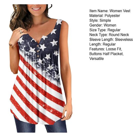 Women Vest Round Neck Buttons Half Placket Sleeveless Tank Tops US Flag Pattern Flowy Hem Camisole Daily Wear