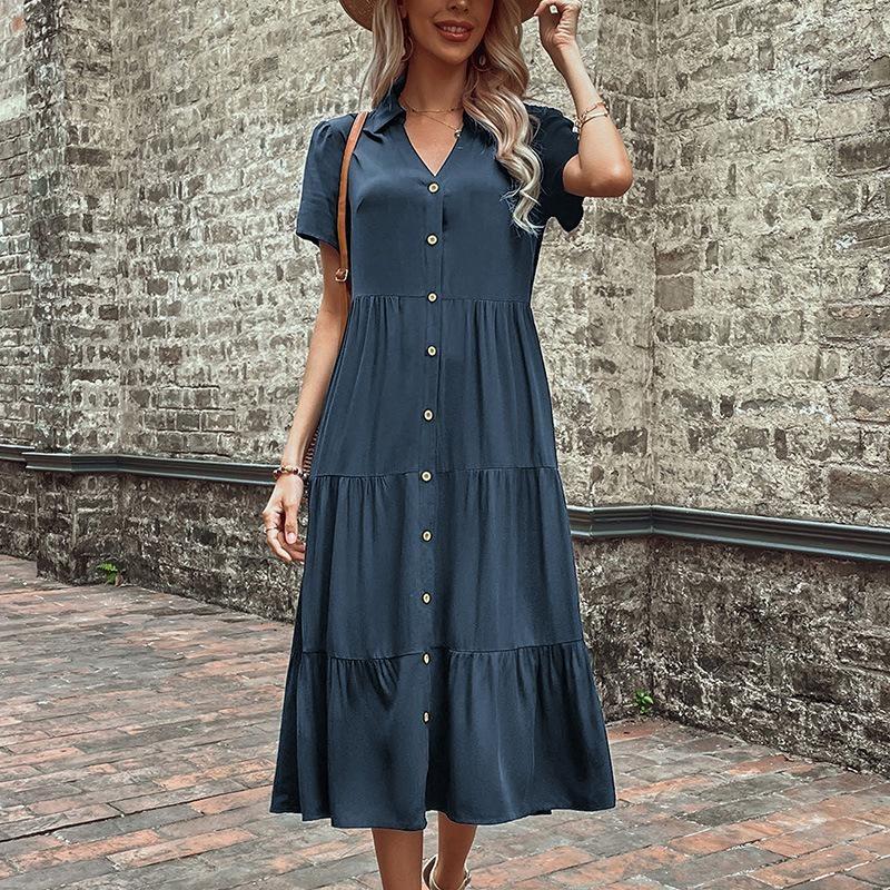 Summer Women Medium Length Hepburn Style French Long Dress Single Breasted Solid Color V Neck