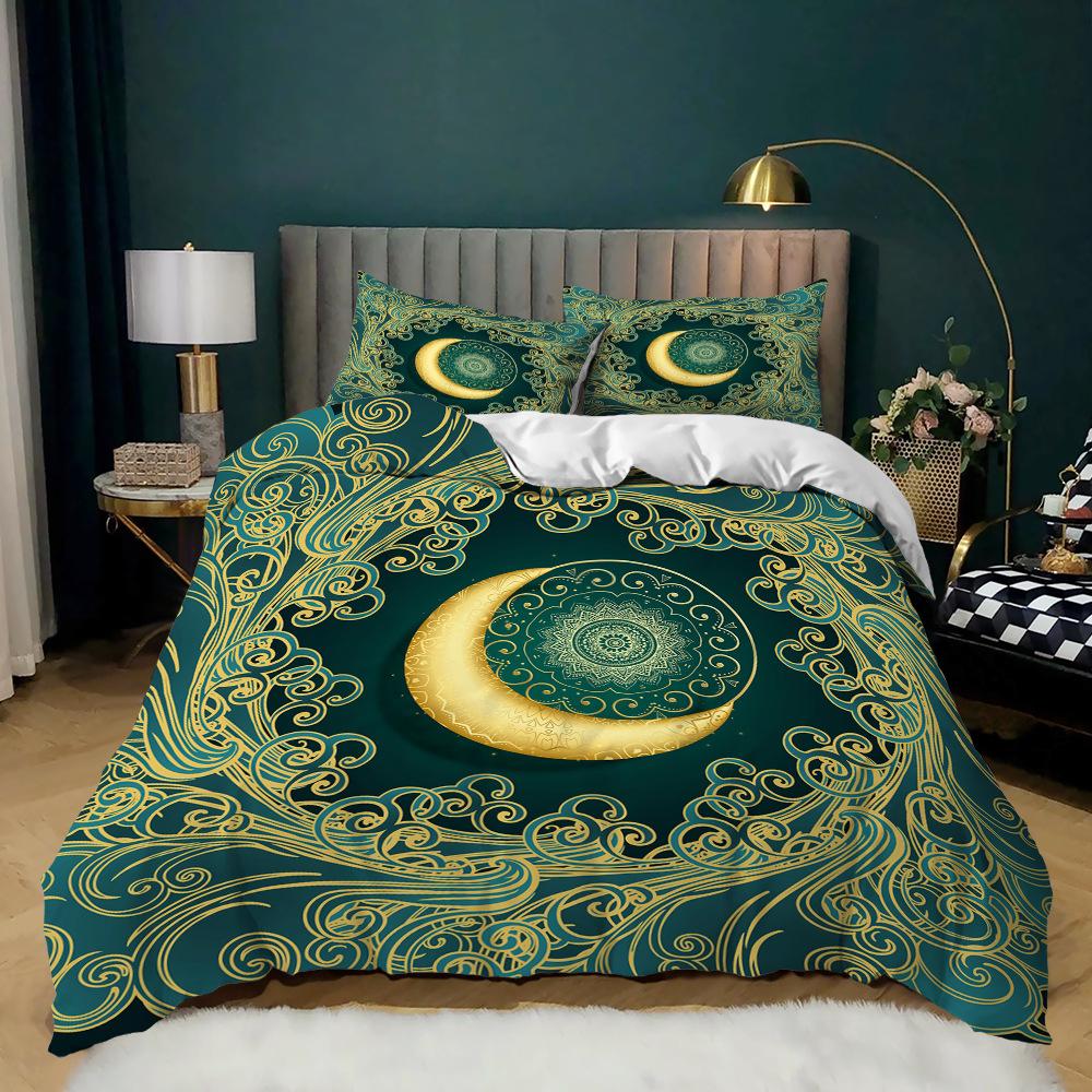 Комплект постельного белья Mandala с принтом «Мандала» из мягкой микрофибры с темно-синим принтом «Богемный шик» и медальоном, двуспальный пододеяльник размера «king-size»