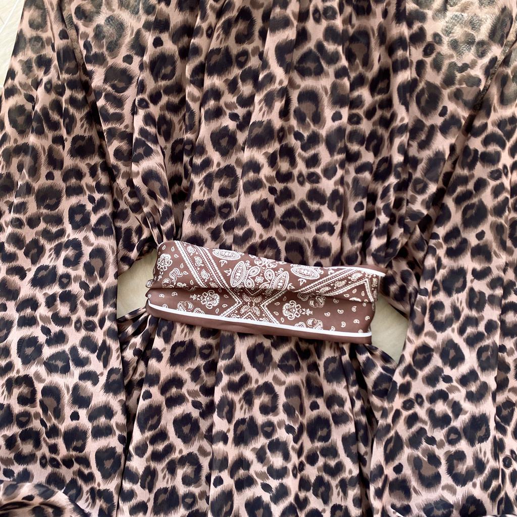 Women's Dress Funky Scarf Tie Waisted Lantern Sleeve Leopard Mesh A-Line Short Dresses