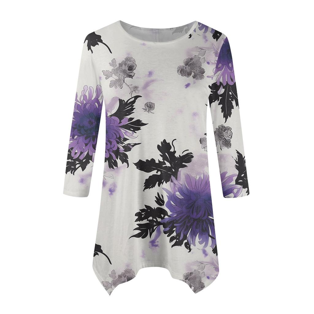 Женская модная повседневная рубашка с круглым вырезом и цветочным принтом, рукавами-семью, свободным удобным топом с поясом