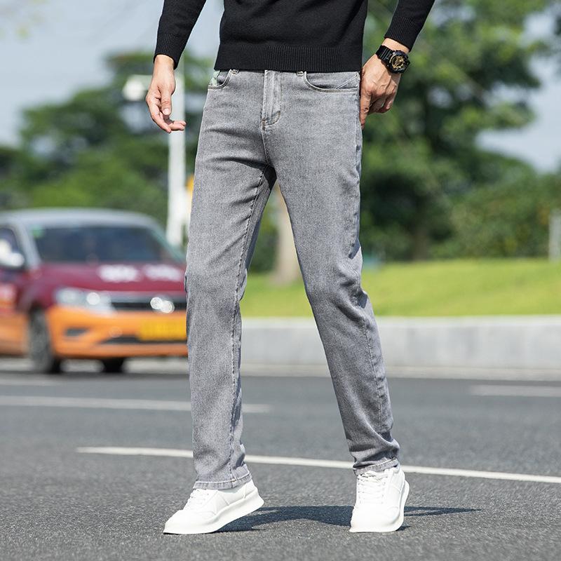 Весенние и осенние новые обычные мужские джинсы, винтажные серые облегающие брюки прямого кроя, мужские повседневные спортивные брюки