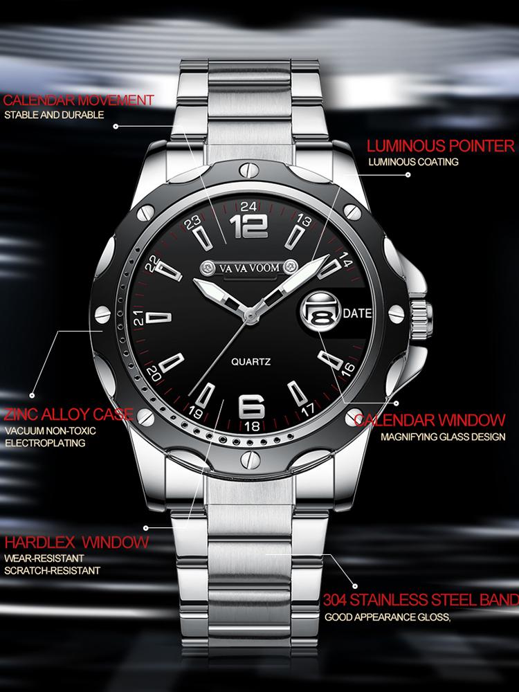 VA VA VOOM Мужские кварцевые часы, модные увеличительное стекло, календарь, светящийся мужской стальной ремешок, спортивные часы, модные светящиеся кварцевые наручные часы