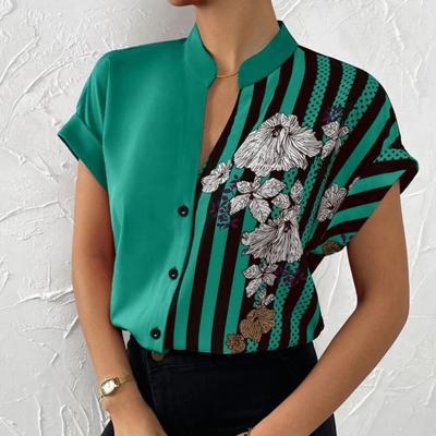 Женская летняя рубашка повседневная с цветочным принтом асимметричная в полоску с короткими рукавами для работы воротник-стойка однобортная летняя блузка женская одежда