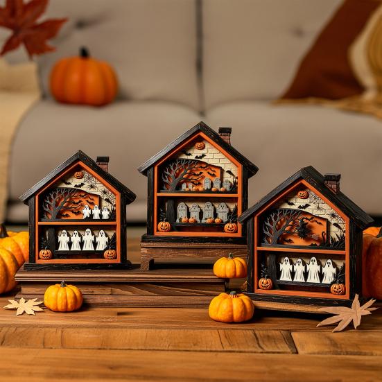 Halloween Wooden Table Sign Ghost Skeleton Block Spooky House Shape Sign Rustic Farmhouse