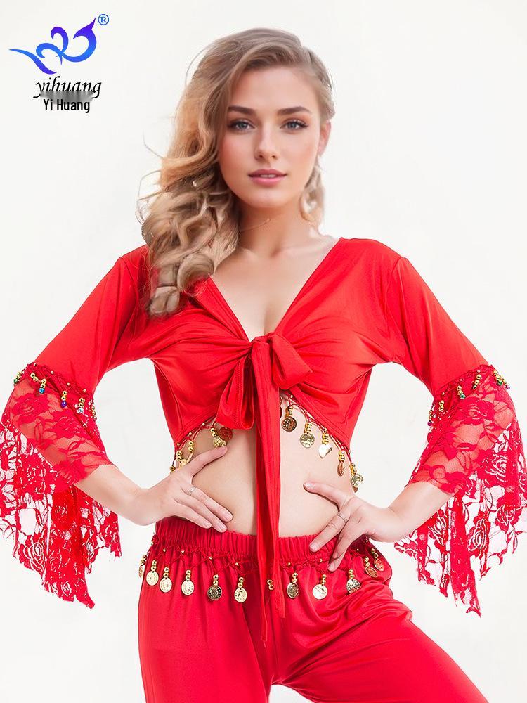 Belly Dance Lace Top with Flared Sleeves and Tassels for Performances