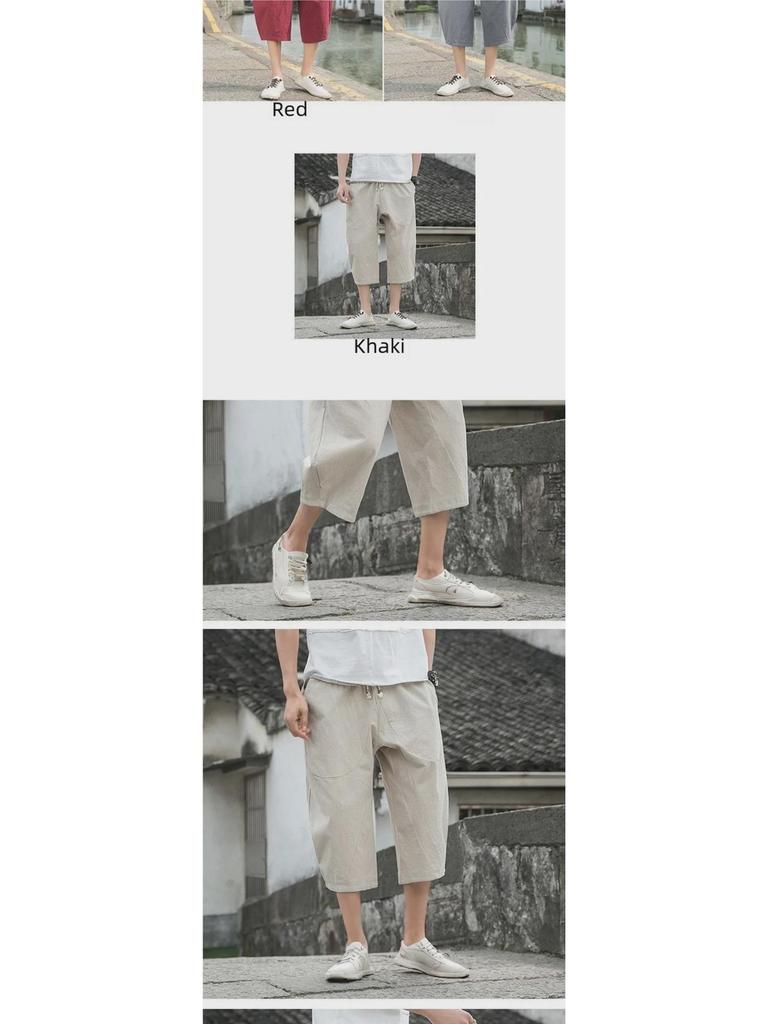 Мужские укороченные брюки широкого кроя из серого хлопка и льна в китайском стиле - летние, свободного кроя, большого размера