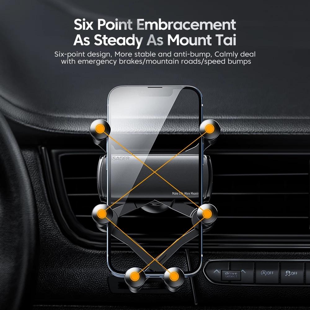 Essager Six Points Gravity Car Phone Holder Air Vent Clip GPS Mount Stand For iPhone 14 Samsung Xiaomi Smartphone Holder Support