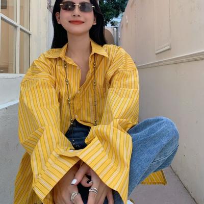 Женская желтая полосатая рубашка средней длины, свободные рубашки с длинными рукавами и солнцезащитным кремом, женский весенний кардиган с французскими лацканами