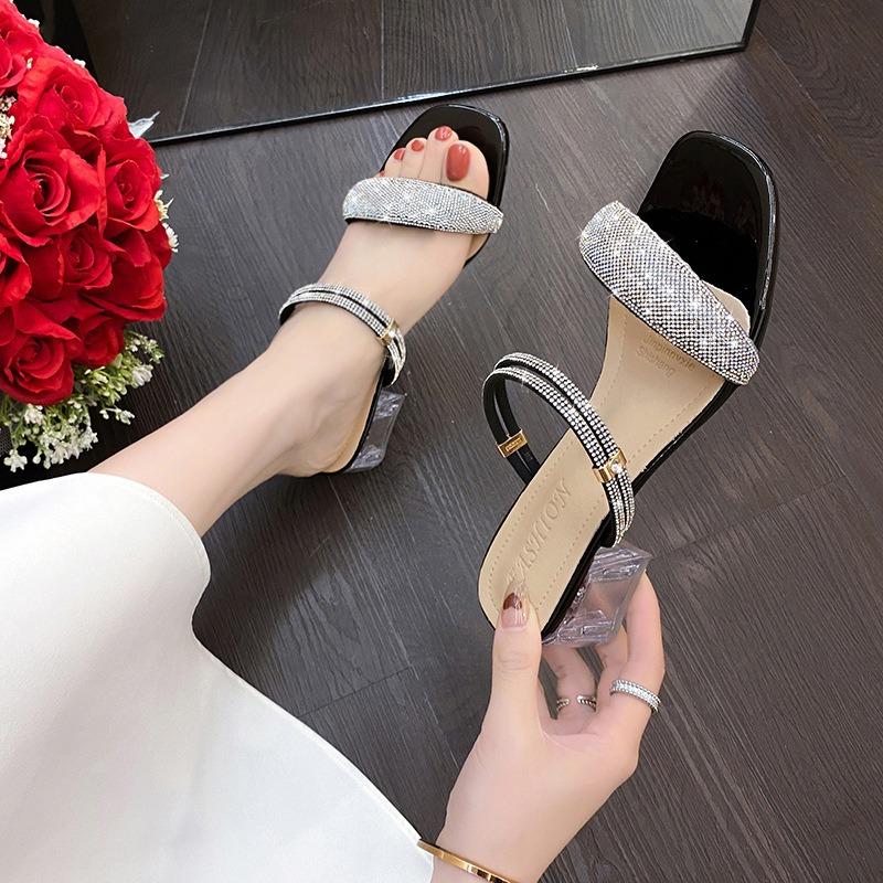 Крутые шлепанцы на высоком каблуке, женские летние, новая модная фея со стразами, средний каблук, два способа носки, модные шлепанцы