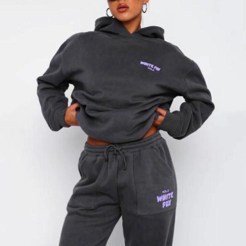 2 Pcs/Set Women Hoodie Pants Set Long Sleeve Thick Letter Print Hooded Drawstring Elastic Waist Ankle-banded Solid Color Top Trousers Lady