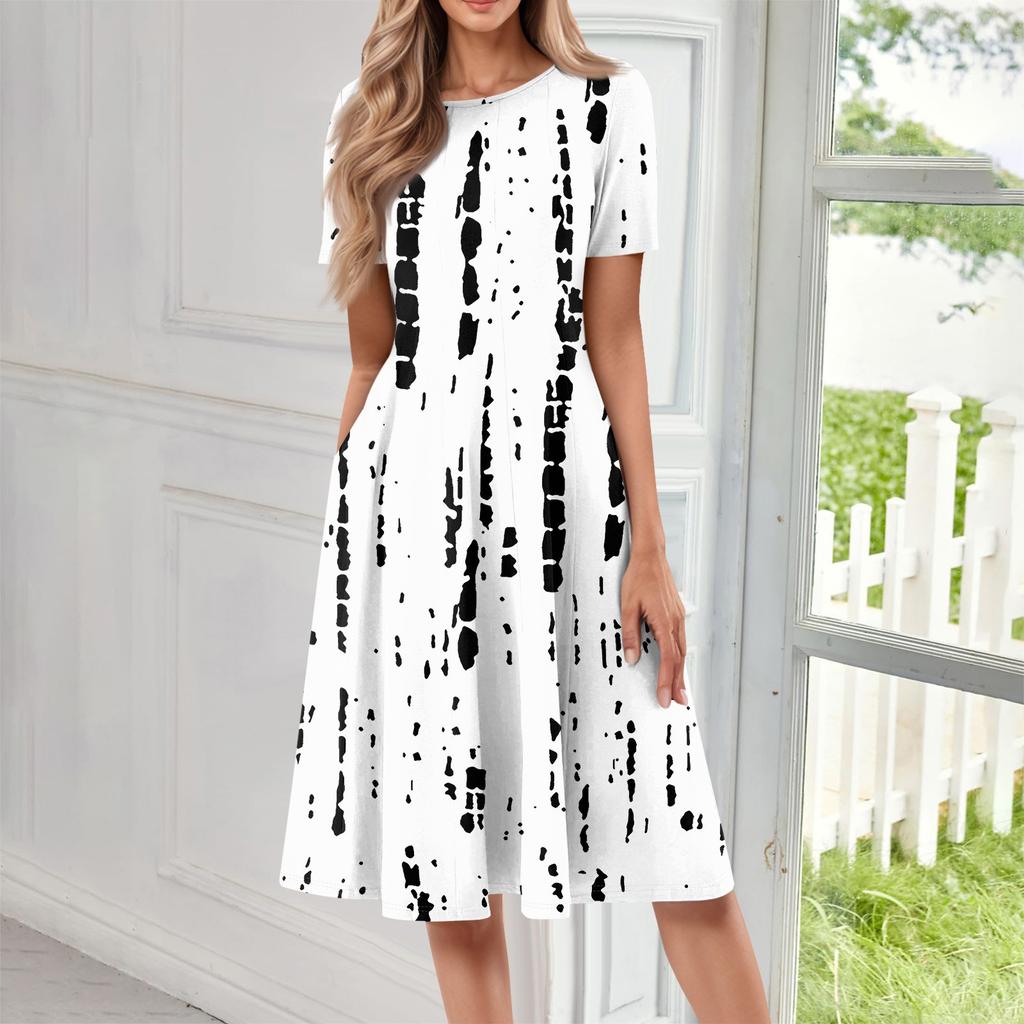 Women's Loose Casual And Fashionable Round Neck Short Sleeved Printed Mid Length Dress