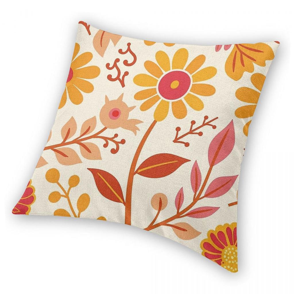 Retro Orange Groovy Flowers Square Pillowcase Polyester Linen Velvet Printed Zip Decor Throw Pillow Case Room Cushion Case 18"