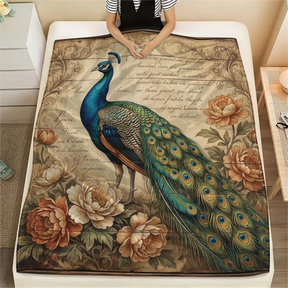1PC Retro Parrot Peacock Print Flannel Blanket, High quality All Seasons, Home Decor, Warmth and Comfort, Perfect for Christmas Gifts