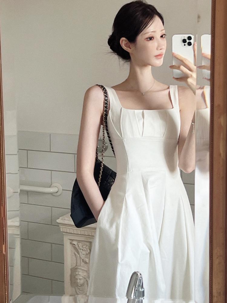 Элегантное платье, женское шикарное французское сексуальное ретро платье Хепберн, милое эстетичное длинное платье с квадратным воротником и складками на талии, облегающее большой подол