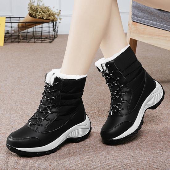 Зимние сапоги, плюшевые теплые ботильоны, женская утепленная обувь из хлопка среднего размера на шнуровке, нескользящая обувь