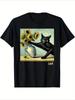 Summer Trend Cotton Street Style Van Gogh's Black Cat and Sunflower Funny Cat Painting Art T-shirt Comfortable Fashion Couple