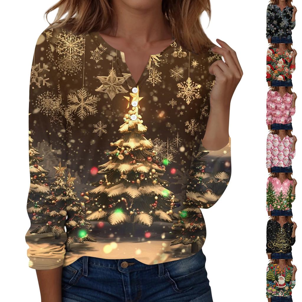 Women's Fashion Casual V-Neck Long Sleeve Decorative Button Christmas Print Top