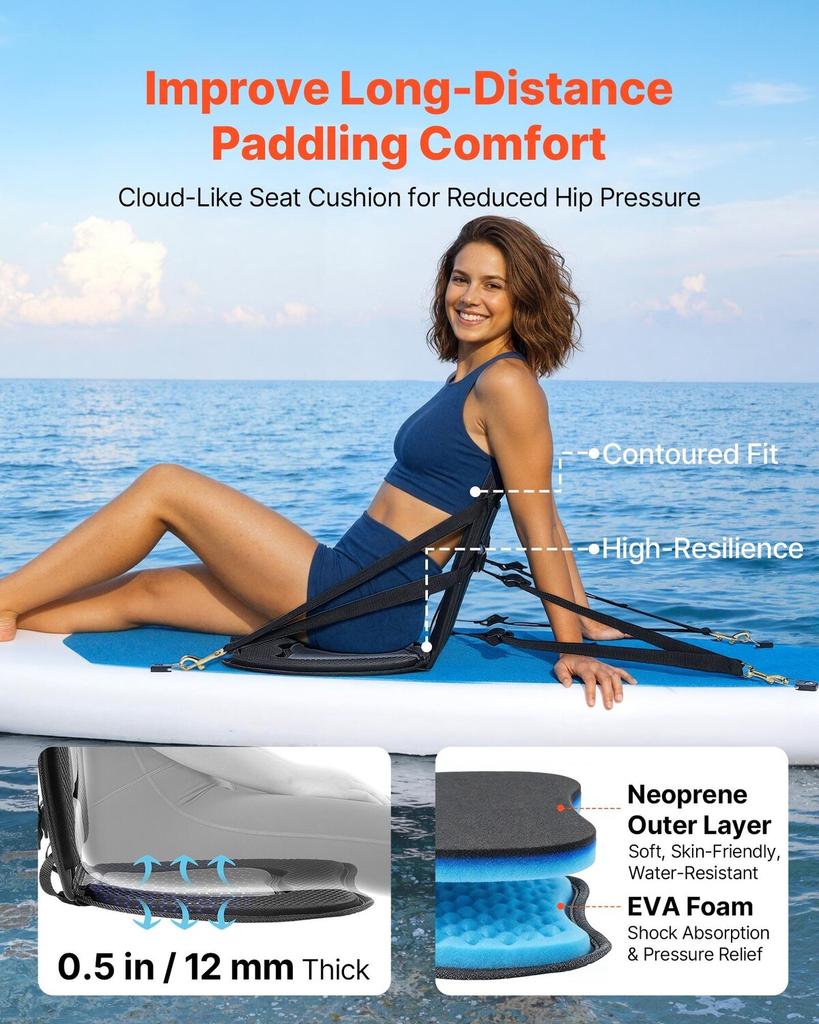 Kayak Seat, 1 Pack 12 mm Thick, Universal Paddle Board Seat with Back Support, Sit-on-Top Soft Padded Cushion with Storage Bag & Adjustable Straps for