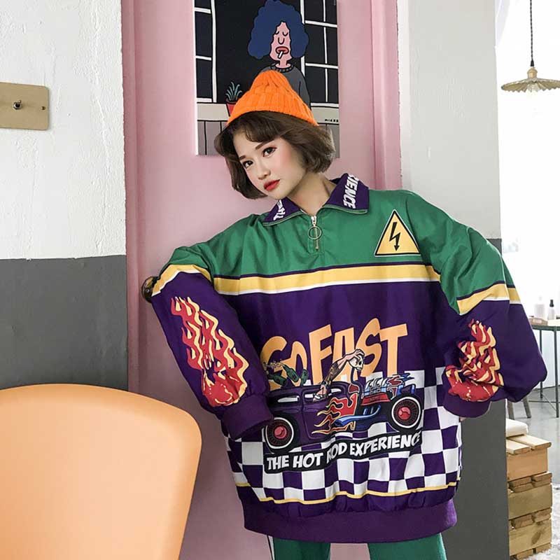 Женская куртка, модные топы, новый свободный свитшот с пламенным принтом в стиле Харадзюку, повседневные толстовки большого размера, модные хип-хоп