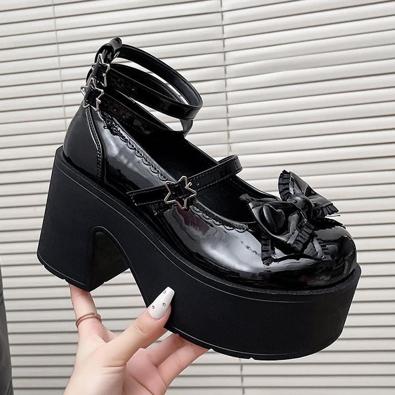 Мода 9СМ Водонепроницаемые Высокие Каблуки Панк Милый Крутой Оригинальный Готический Азиатская Культура Женские Массивные Каблуки Бант Черная Кожа Обувь на Платформе