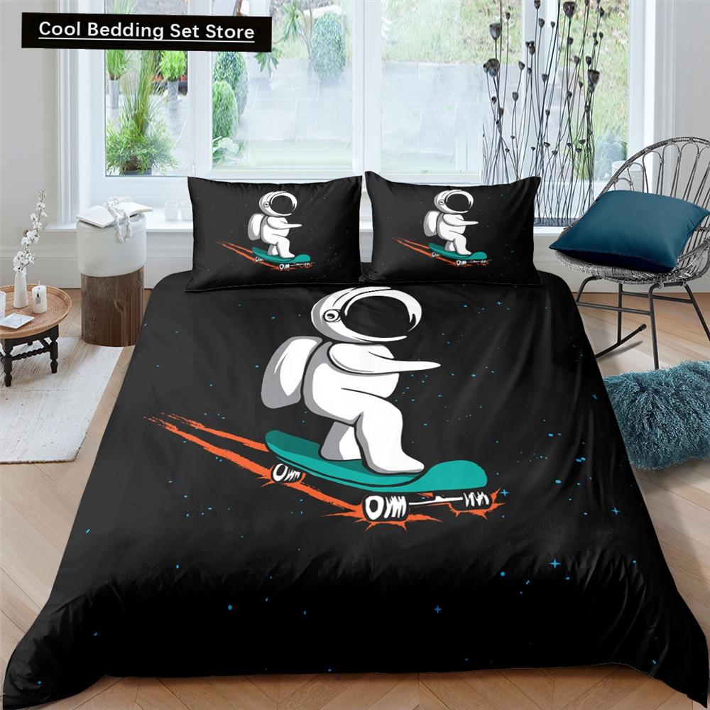 Cartoon Astronaut King Queen Duvet Cover Kawaii Spacecraft Bedding Set for Kids Outer Space Blue 2/3 Pcs Polyester Quilt Cover
