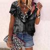 Women's Top Summer New Fashion Rose Flower Dark Skeleton Printed Casual Zipper V-neck Short Sleeve Top