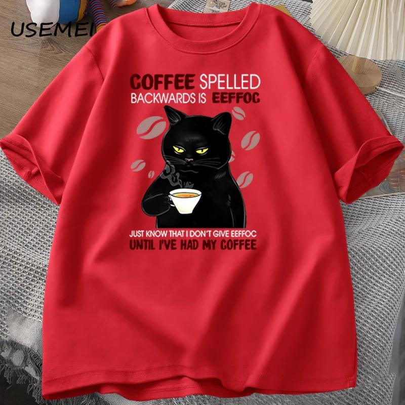 Coffee Spelled Backwards Cat Tshirt Funny Cute Graphic Tees Summer Unisex Cotton ONcek T Shirt Oversized Unisexs Clothes oversized
