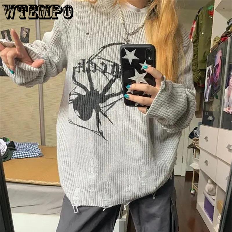 WTEMPO Серый свитер Harajuku с принтом паука, женский готический винтажный рваный гранжевый свитер Y2K, уличный корейский повседневный хип-хоп-пуловер