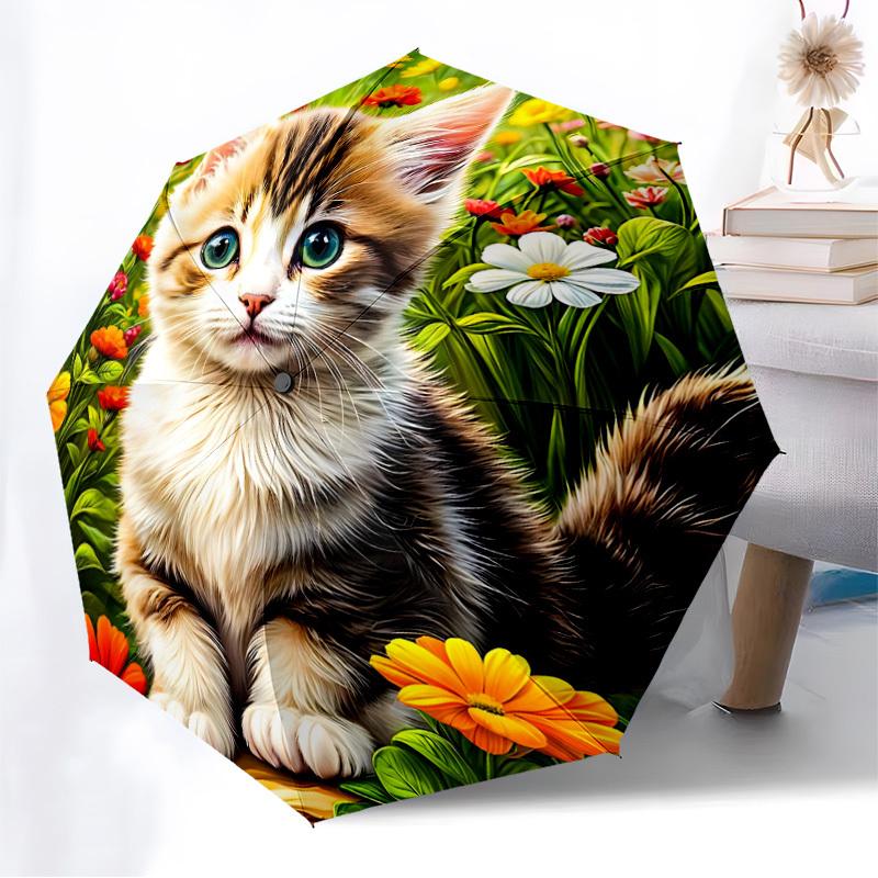 1pc Floral Kitty Automatic Open/Close Umbrella, 8-Rib Sturdy Frame,Ideal Birthday/Gift for Men & Women, Outdoor Accessory yy251126053