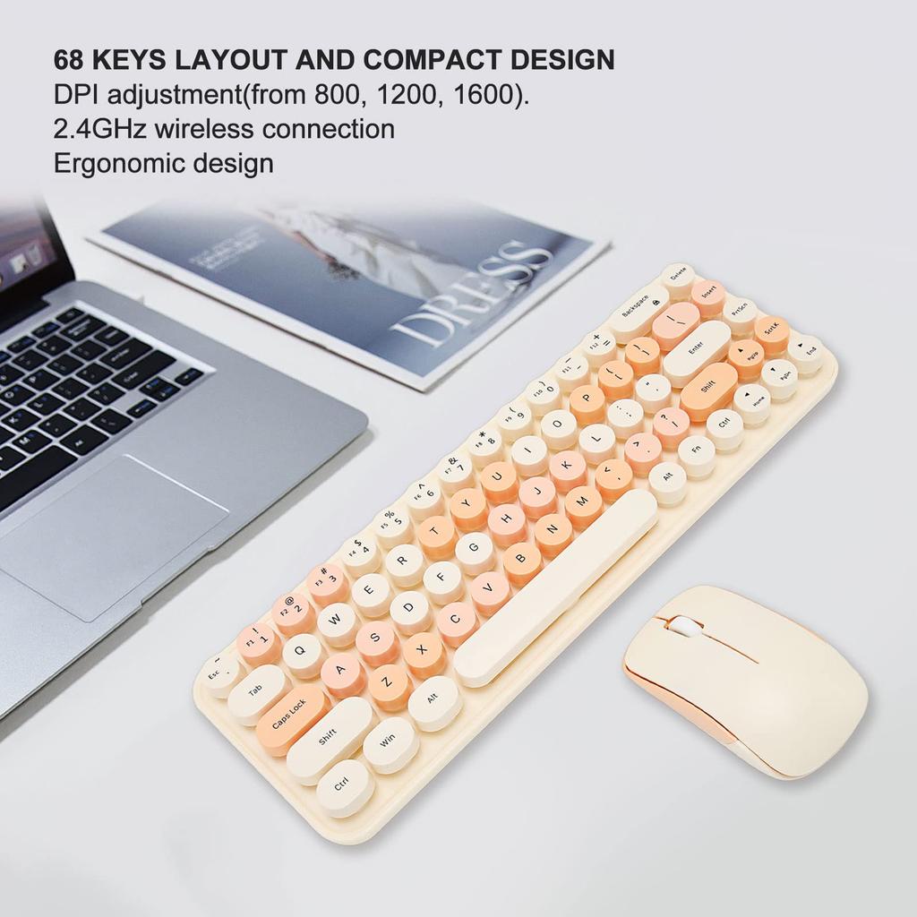 Wireless Keyboard and Mouse 68 Keys Cute Retro Round Keycap Typewriter Keyboard with Wireless Mouse 3 Computer Keyboard and Mouse Set for Home Office