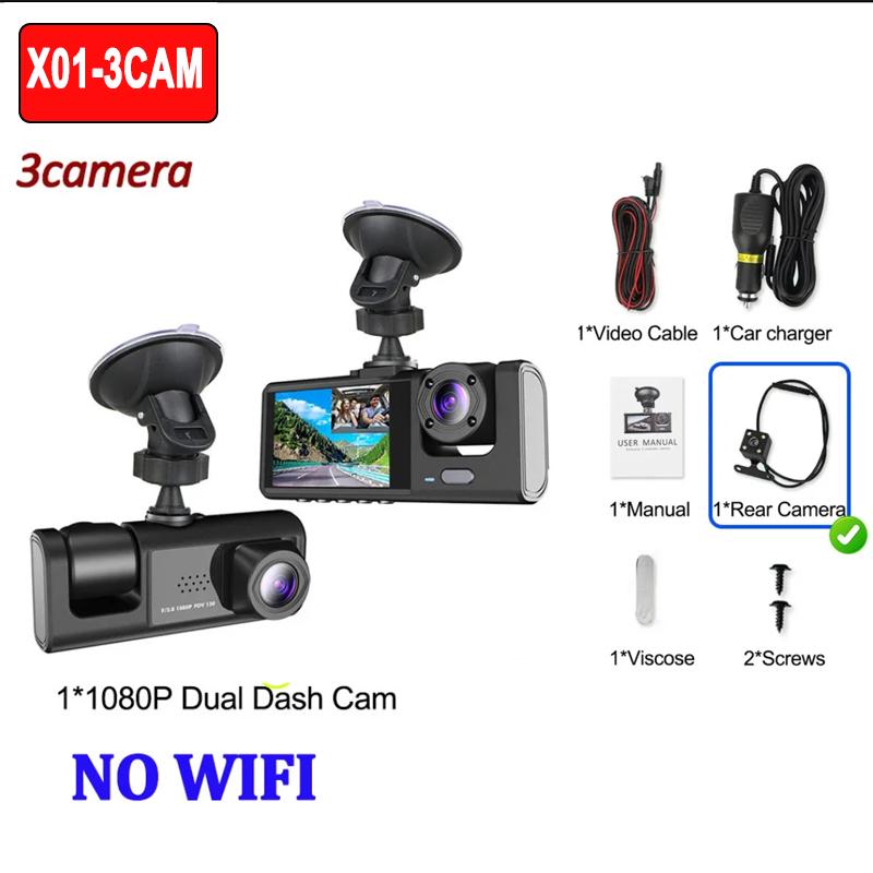 1080P Автомобильный видеорегистратор WiFi APP 3/2 объектива Видеокамера на приборную панель для автомобилей Камера для видеозаписи транспортного средства Передняя и задняя камера Ночное видение Видеорегистратор
