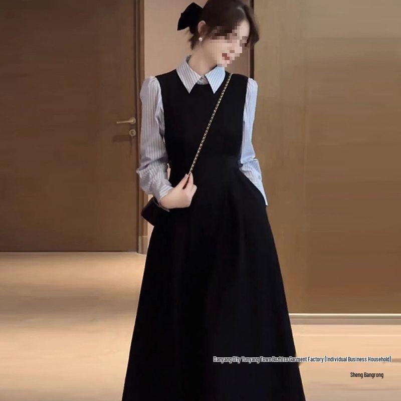 Autumn French Hepburn Style Women's Navy & Black Long Cotton Shirt Dress Set