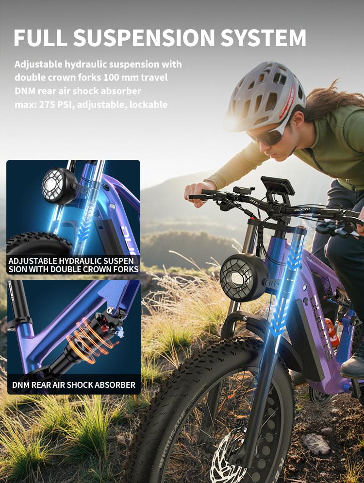 DUOTTS E26 electric bicycle, Samsung 48V 20Ah battery, full suspension system, 26-inch tires, maximum range 60-120 km.