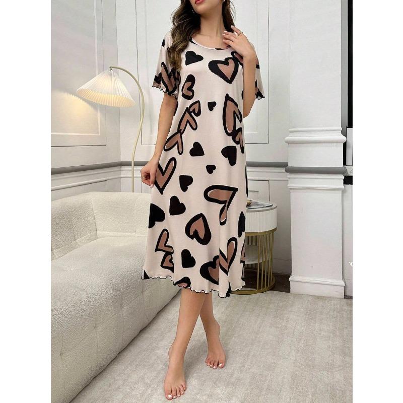 Большой размер, круглый вырез, короткий рукав, синий цвет с цветами абрикоса, домашняя одежда, ночная рубашка, платье, повседневный стиль, женская одежда с принтом