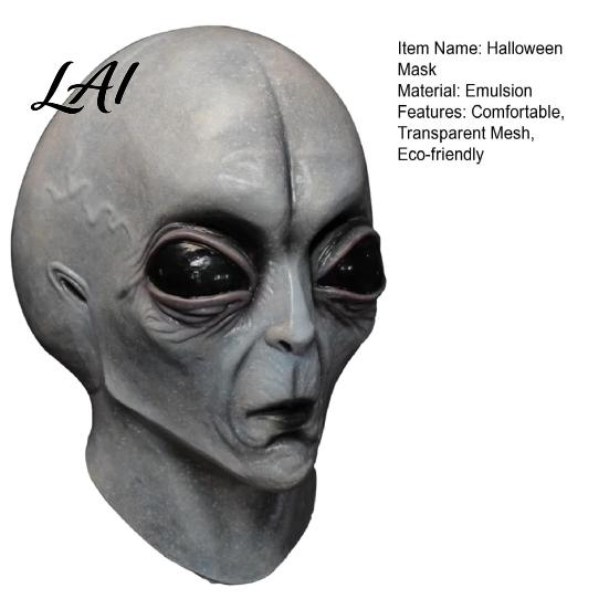 Soft Latex Alien Prop Halloween Grey Mask Full Head UFO Cosplay Mask with Big Realistic Eyes Sci Fi Party for Adults Trick or Treat Costume