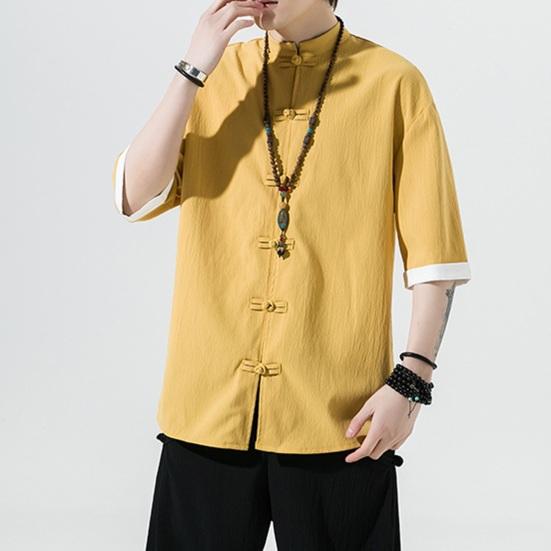 Мужская рубашка в китайском стиле, однотонный ледяной шелк, однобортный однобортный кардиган средней длины с короткими рукавами, топ, костюм Ханфу